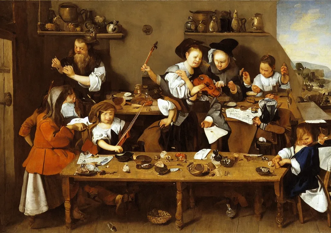 Prompt: Jan Steen. The gentle depth of the composition is based on a triangle, fallen asleep at the table on the left. “opportunity makes the thief ” little girl’s brother is trying out a pipe, playing carelessly with a string of pearls. lady of the house play a violin. to live at home were considered suspect in the popular culture of the Netherlands at the time. in a provocative gesture she holds a filled glass between the legs of the man of the house, while he dismisses with a grin the admonishment of the nun standing on the right. The duck on the shoulder identifies him as a Quaker, who urges the reading of pious texts. Finally, the pig in the doorway to the kitchen on the right. a sword and a crutch in a basket suspended from the ceiling. Luxuria extravagance. Steen had to earn a living by running an inn and a brewery. low ceiling, small chamber. Hyperrealistic, ultra detailed, 80mm, museum, artwork.