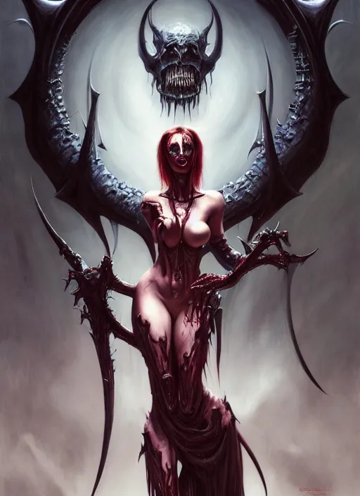 Image similar to masterpiece, vampiric succubus girl concept art, stylized, doom, elegant, imperial, epic, intricate art by artgerm, boris vallejo, h. r. giger, greg rutkowski, josan gonzalez, zdizslaw beksinski, biomechanical, crimson darkness, hellscape, art nouveau