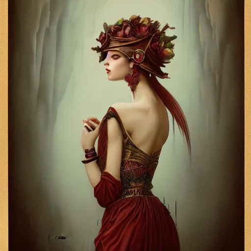 Image similar to ultra realist soft painting of a single attractive cartomancer female sillicon skin tight long dress, curiosities carnival, partial symmetry accurate features, very intricate details, focus, curvy, artstyle Tom Bagshaw, award winning