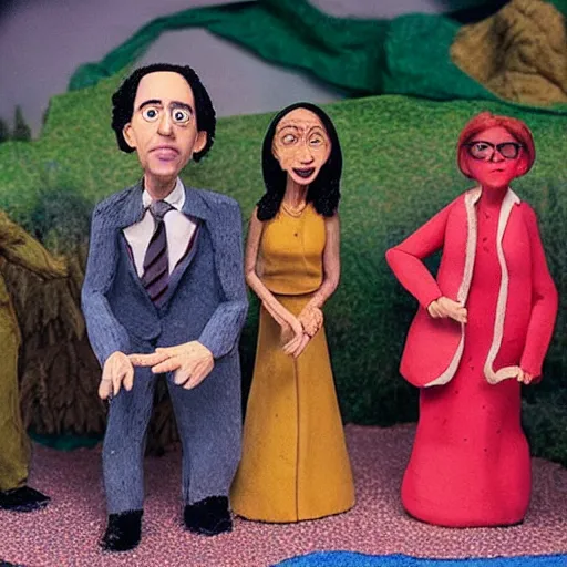 Image similar to still from a 1 9 9 2 live - action stop - motion puppetry tv show by tim burton starring joe biden, kamala harris, and indian elizabeth warren in dioramas. everything is made of plasticine, fabric, and other physical materials. photographic ; realistic ; highly - detailed.