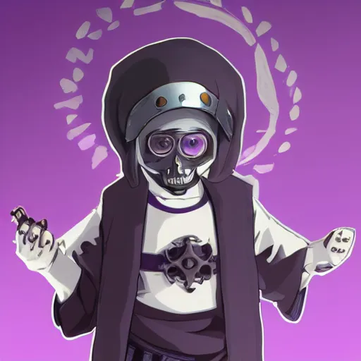 Image similar to cute little boy wearing an skull mask and dressed in an nun outfit, purple color palette, artwork made in made in abyss art style, inspired in ddtank and hirohiko araki, ray tracing, soft details, anatomically correct, aesthetic