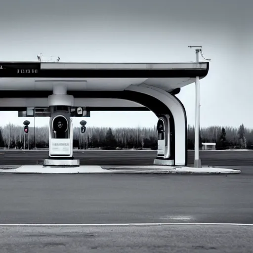 Image similar to a futuristic fuel station in the style of reuben wu, roger deakins, h 1 0 2 4