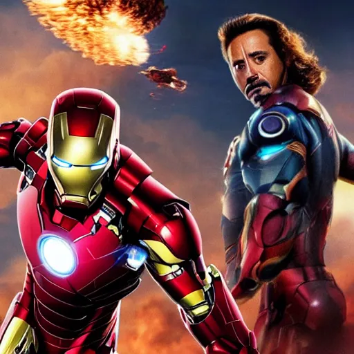 Image similar to marvel movie, ironman, mask off, tony stark, explosion in the background, epic