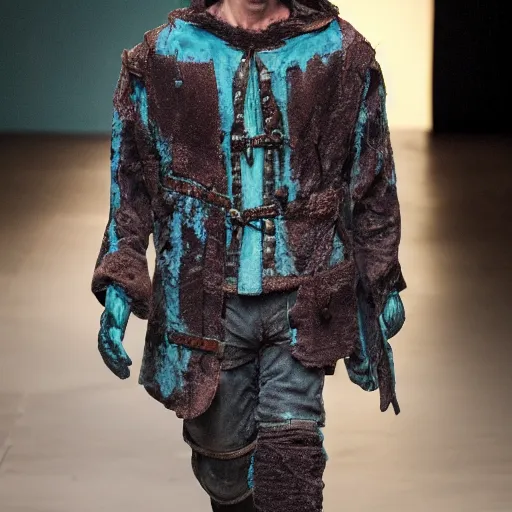 Image similar to an award - winning closeup editorial photo of a male model wearing a teal distressed baggy medieval menswear jacket by alexander mcqueen, 4 k, studio lighting, wide angle lens