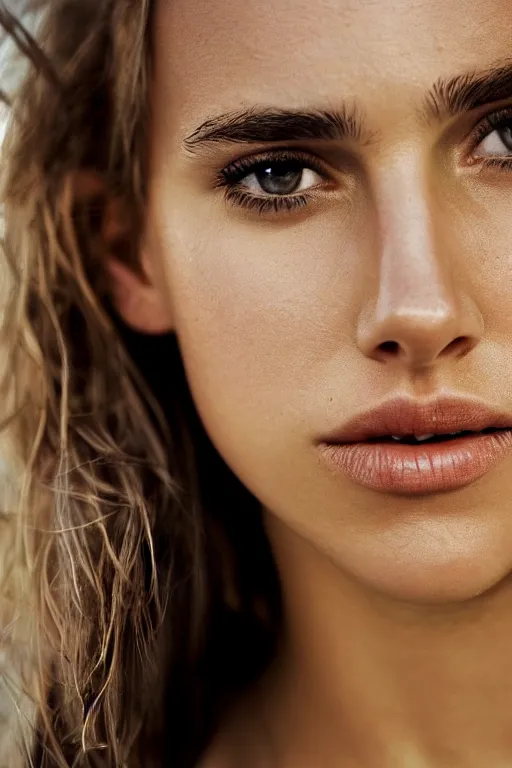 Image similar to a photo of a girl half Nathalie Portman half Jessica Alba, portrait at beach, 3/4 view, amber eyes, a shy face, Refined, Detailed professional photo, 50mm lens, Canon eos, soft an diffuse lights, autumn light, blurry distant background, Highly Detailed, Cinematic Lighting, Unreal Engine, 8k, HD