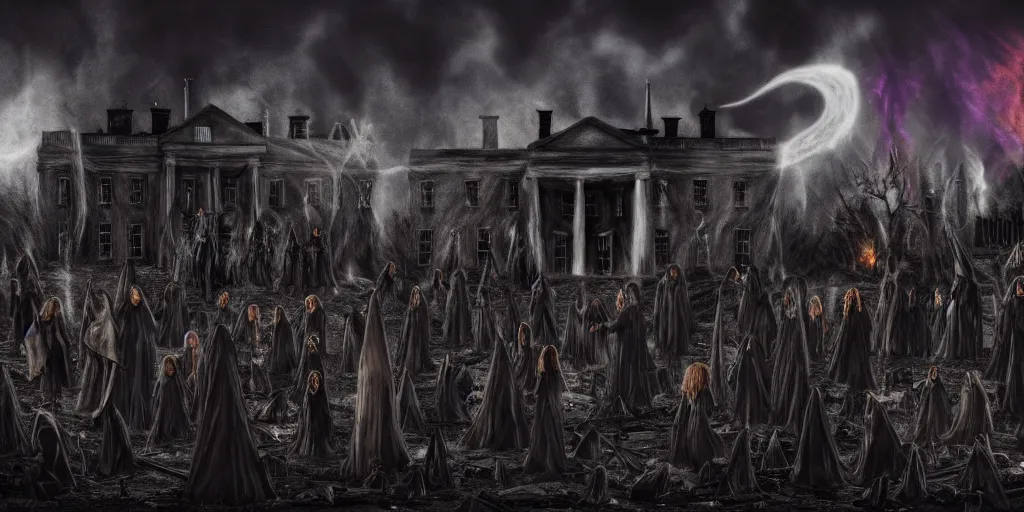 Image similar to coven of witches gathered on the roof of the burnt remains of the white house, performing a ritual to call lovecraftian aliens down from the night sky, wide shot, concept art, smooth, high quality, 4 k