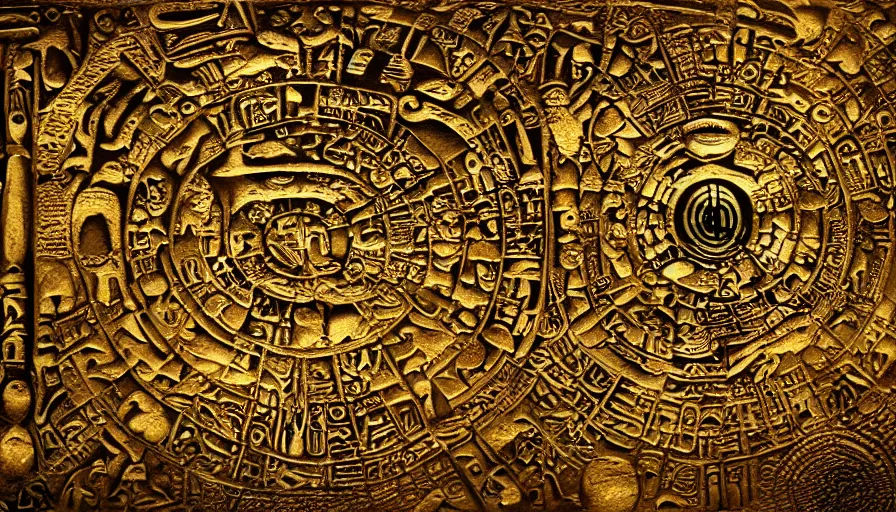 Prompt: h. r. giger hieroglyphs, hieroglyphs showing ufos alien planets, gold plate render, various refining techniques, micro macro auto focus, top photography photo art gallery, realistic photo, insane detail