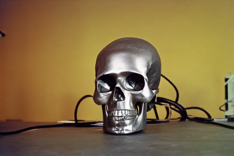 Image similar to large metallic skull sitting atop a pile of thick coiled power cable, stoic and calm, inside of an unlit 1970s science lab, ektachrome photograph, volumetric lighting, f8 aperture, cinematic Eastman 5384 film