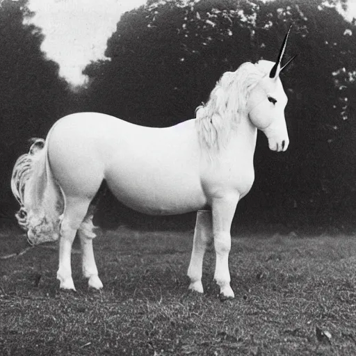Prompt: 1800s photograph of a white unicorn in a field