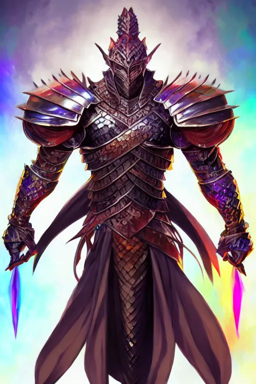 Image similar to Full body character concept art of an anime draconian warrior knight, iridescent scales, cool face, muscular, by Stanley Artgerm Lau, WLOP, Rossdraws, James Jean, Andrei Riabovitchev, Marc Simonetti, and Sakimichan, tranding on artstation