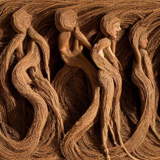 Image similar to dmt bodies. hundreds of humans; a full crowd. Mesh of many human figures intertwined. earthen colors. The medium of this sculpture is human hair. A mess of human hair. Matted hair woven dreadlock sculpture. Tangled splitend hair. barbershop floor. Sculpted of coconut fibers. Surreeal fibrous art. Designed by August Rodine.