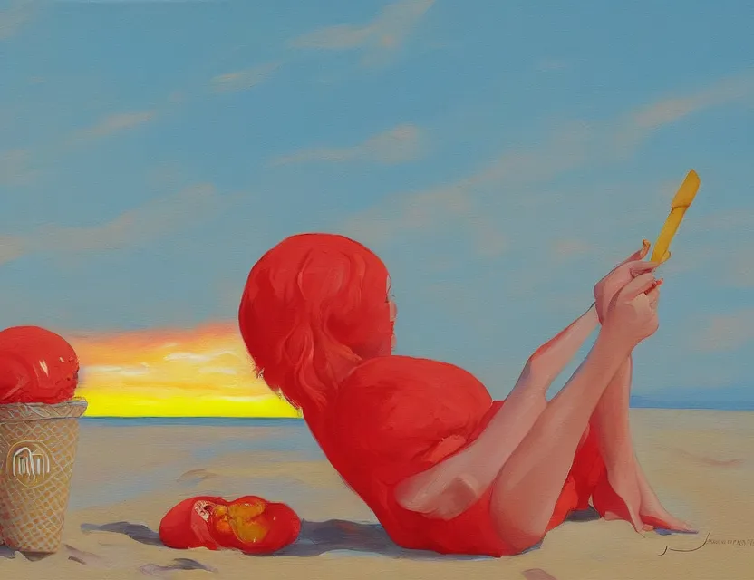 Image similar to a painting of a lazy red tomato on a sunny beach eating ice cream, a sunset by james jean