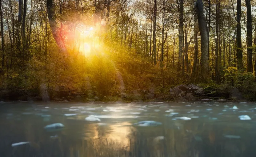 Image similar to a render of floating shining shards in a river in the forest as the sun rises, wide angle, 21:9,