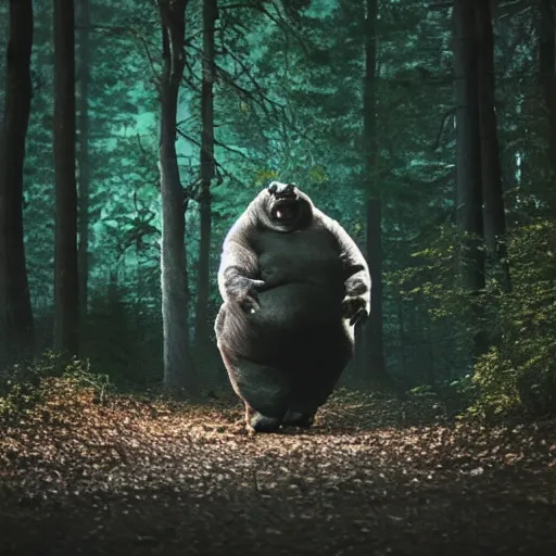 Image similar to photo of a scary horror obese monster roaring in the dark woods