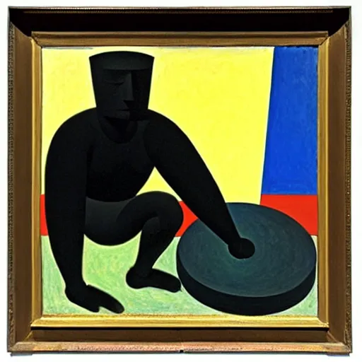 Image similar to melancholic complex suprematism painting of mechanic formed figure working on an sphere machine in height by malevich, throwing hard long shadows in complex construct room by edward hopper vibe, liminal space, oil on canvas