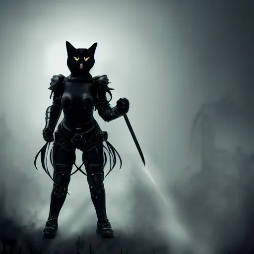 Prompt: Black Cat in armor fighting a demon cinematic lighting, fine detail, trending on artstation, ultra crisp, high contrast, ominous, threatening, haunting, forbidding, gloomy, Long shot