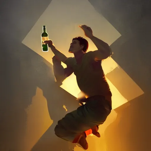 Image similar to artistic rendition of a man jumping in the while holding a bottle, dramatic lighting, trending on Artstation by Ross Tran