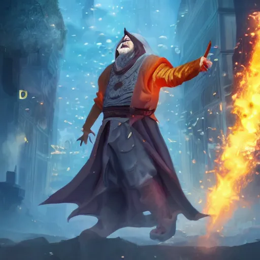 Prompt: a wizard that looks like an average person destroying a city with magic while laughing, high quality digital art trending on artstation