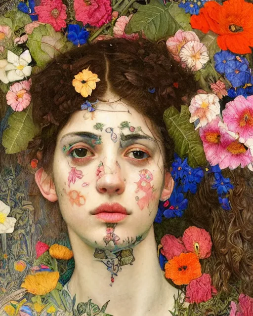 Prompt: close up of a beautiful latin girl with intricate colourful tattoos surrounded by colourful flowers, by edgar maxence and caravaggio and michael whela, dramatic lighting, artistic, intricate drawing, light brazen, realistic fantasy, extremely detailed and beautiful aesthetic face, 8 k resolution, dramatic lighting