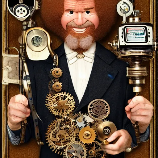 Prompt: Bob Ross as a clockwork robot steampunk style, highly detailed, intricate, various gears, studio lighting, award winning, by Chris Cole, Ken Draim, David Bowmen