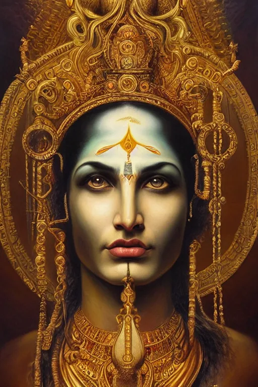 Prompt: hyper realistic painting portrait of shiva, occult diagram, elaborate details, detailed face, intrincate ornaments, gold decoration, occult art, oil painting, art noveau, in the style of roberto ferri, gustav moreau, david kassan, bussiere, saturno butto, boris vallejo