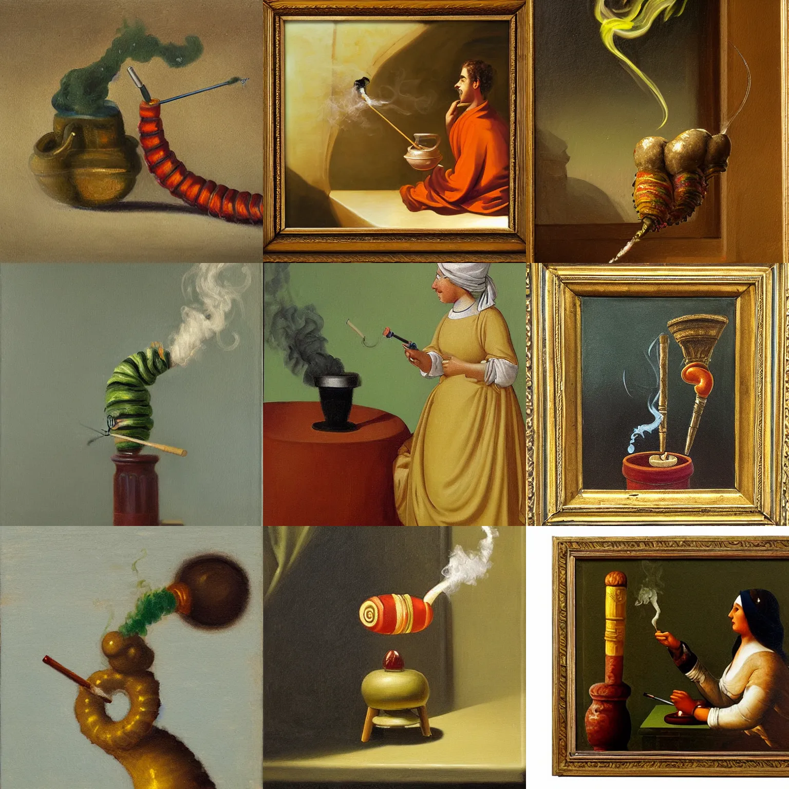 Prompt: A caterpillar smoking a hookah, oil painting, classicism style