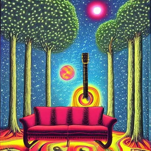 Prompt: psychedelic trippy couch pine forest, planets, milky way, sofa, cartoon, guitar by rob gonsalves