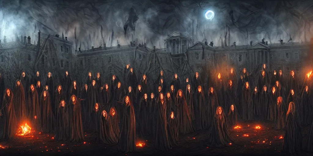 Image similar to coven of witches gathered on the roof of the burnt remains of the white house, performing a ritual to call lovecraftian aliens down from the night sky, wide shot, concept art, smooth, high quality, 4 k