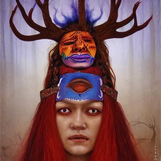 A young blindfolded shaman woman with a decorated, Stable Diffusion