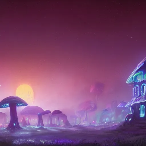 Image similar to concept art painting of a fantasy alien nighttime landscape of houses made of fungus, with glowing blue lights, glowing blue mushrooms, dark purple sky, realistic, detailed, cel shaded, in the style of makoto shinkai and greg rutkowski and albert bierstadt and james gurney