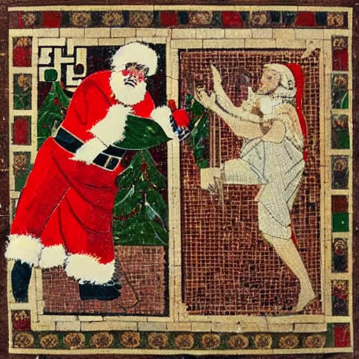 Image similar to santa claus doing a kickflip, byzantine mosaic,