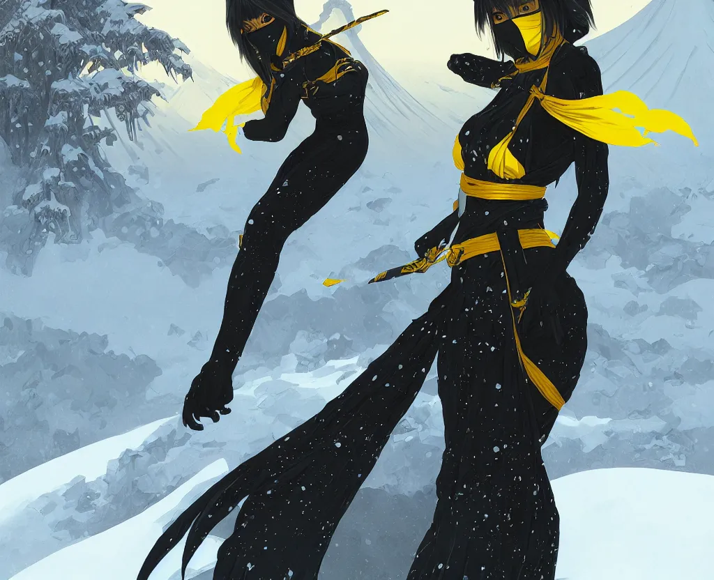 Prompt: portrait ninja gaiden girl, black plus little yellow ninja wardrobe, at snowy fuji mountain sunrise, ssci - fi and fantasy, intricate and very very beautiful, detailed, digital painting, artstation, concept art, smooth and sharp focus, illustration, art by tian zi and wlop and alphonse mucha