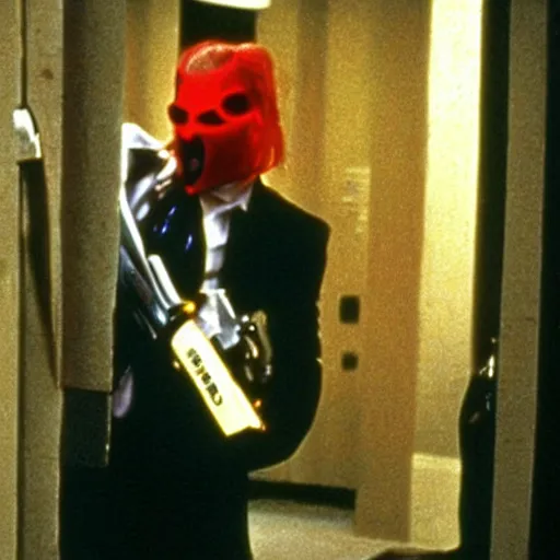 Prompt: Still of American Psycho with a chainsaw, in Eyes Wide Shut (1999)