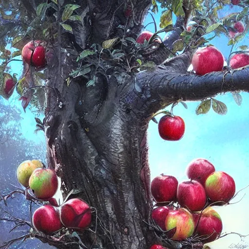 Image similar to a tree with many apples (((leaves))) !!!!!!!black apples, painted by rossdraws, greg rutkowski, thomas kindkade