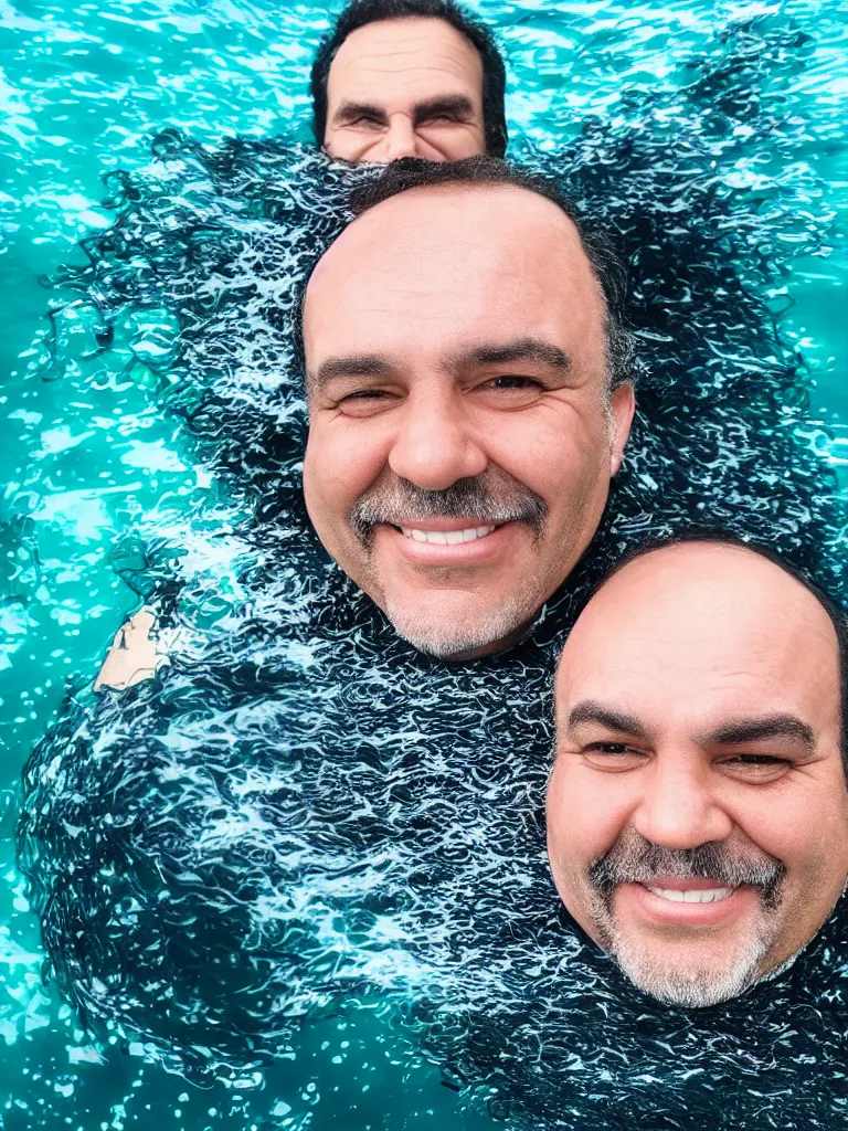 Image similar to a middle aged man, bulky build, black curly hair, receding hairline, thick dark eyebrows, big lips, smiling, small eyes, swimming under the sea trapped in seaweed