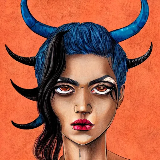 Image similar to illustrated portrait of ram-horned devil woman with blue bob hairstyle and tanned #FFA500 colored skin and with solid black eyes wearing leather by rossdraws