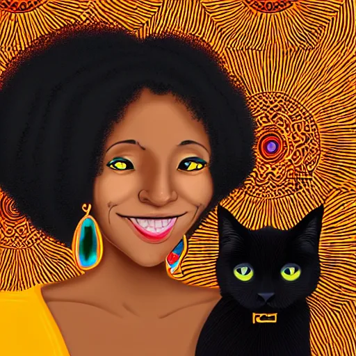 Image similar to an adult black woman, light skin, colorful ornate earrings, curly 3 c black hair, smile on her face, brown eyes, holding her small black bombay cat in the style of alex grey, trending on art station 8 k