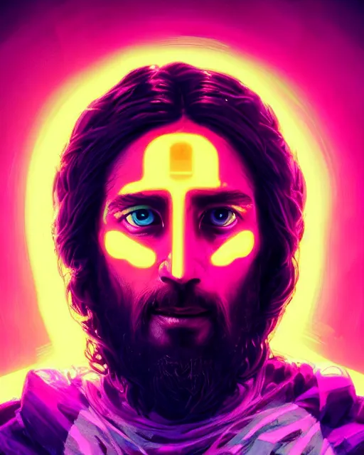 Image similar to portrait of jesus with neon cute giant eyes, intricate abstract. intricate artwork, by tooth wu, wlop, beeple, dan mumford. concept art, octane render, trending on artstation, greg rutkowski very coherent symmetrical artwork. cinematic, key art, hyper realism, high detail, octane render, 8 k, iridescent accents