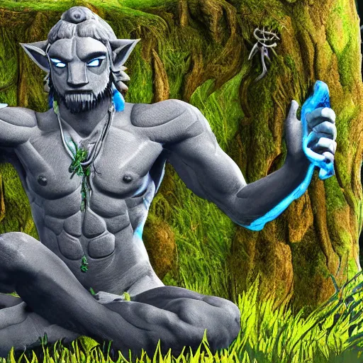 Prompt: minotaur meditating, breath of the wild, forest maze