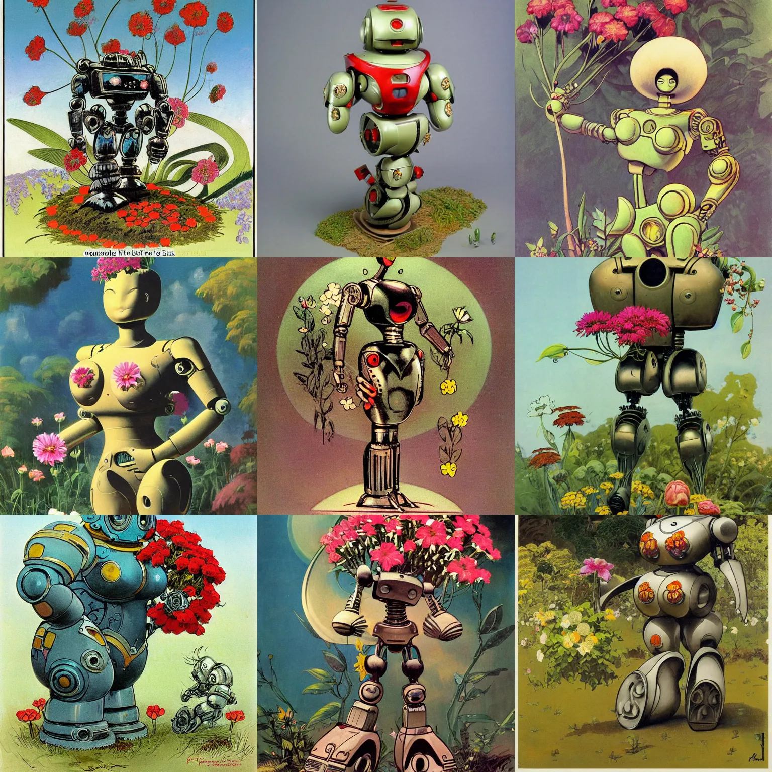 Prompt: curvaceous robot surrounded by growing flowers, spring, style of by Frank Frazetta