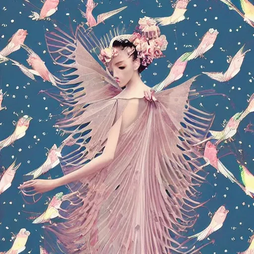 Prompt: 3 / 4 view of a beautiful girl wearing an origami!!! dress, eye - level medium shot, fine floral ornaments in cloth and hair, hummingbirds, elegant, by eiko ishioka, givenchy, by peter mohrbacher, serene, centered, fresh colors, origami, fashion, fine detailed illustration, vogue, japanese, reallusion character creator