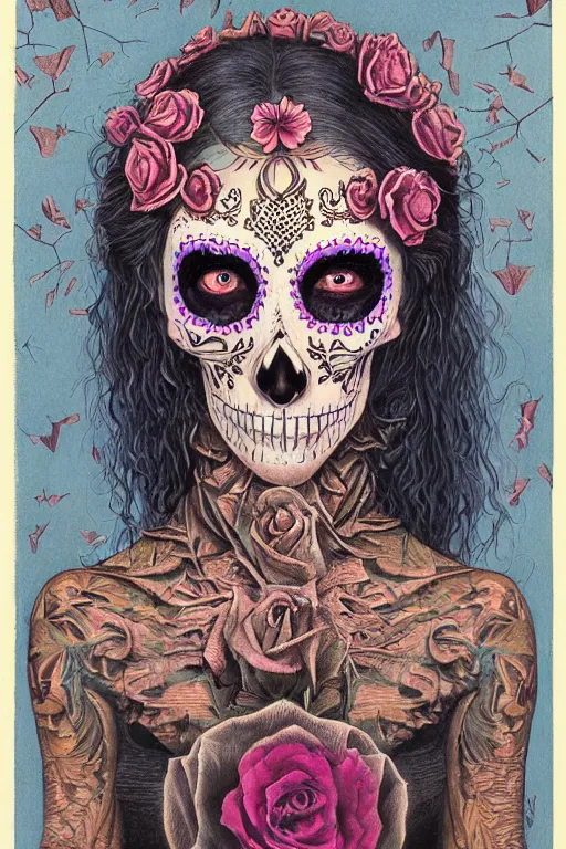 Image similar to Illustration of a sugar skull day of the dead girl, art by wayne barlowe