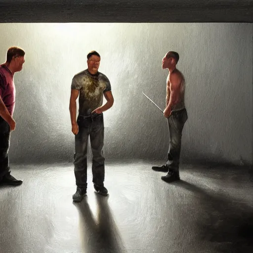 Prompt: high quality high detail painting by john salt, brad pitt and a realistic peter griffin from family guy fighting each other in a basement with concrete floor. light ray from a blurry window, floating dust, motion blur, gloomy, stippled walls, cinematic shot, epic, realistic, 4 k, perfectly defined features