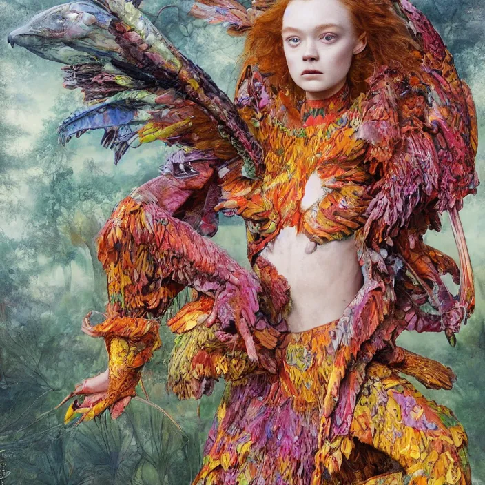 Prompt: a fashion editorial of sadie sink as a brightly colored eagle amphibian hybrid with wet translucent mutated skin. wearing a mutated organic dress. by tom bagshaw, donato giancola, hans holbein, walton ford, gaston bussiere, peter mohrbacher, brian froud and iris van herpen. 8 k, cgsociety