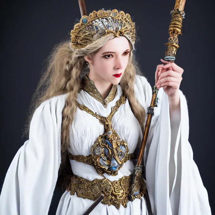 Prompt: photograph of a real-life beautiful wind witch with ornate white robes and staff. Extremely detailed. 8k