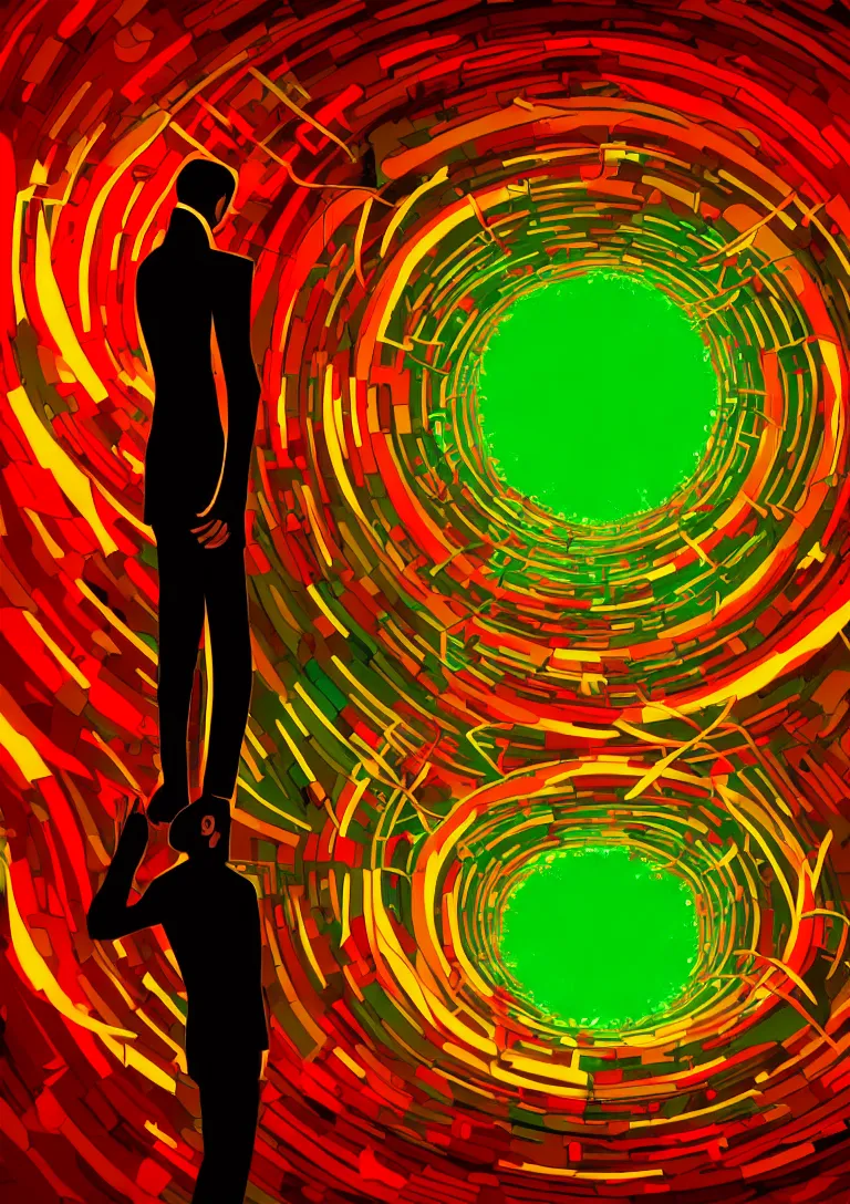 Image similar to Behind the troubled indecisive man was The portal into his imagination containing a swirling vortex of memories and ideas. High concept art. Introspective. Red orange yellow green themed.