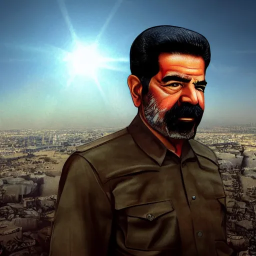 Prompt: portrait of Saddam Hussein, Baghdad skyline background, washed out colors, ambient lighting, dynamic lighting, lens flare, 4K, HQ, official media, detailed, trending on artstation