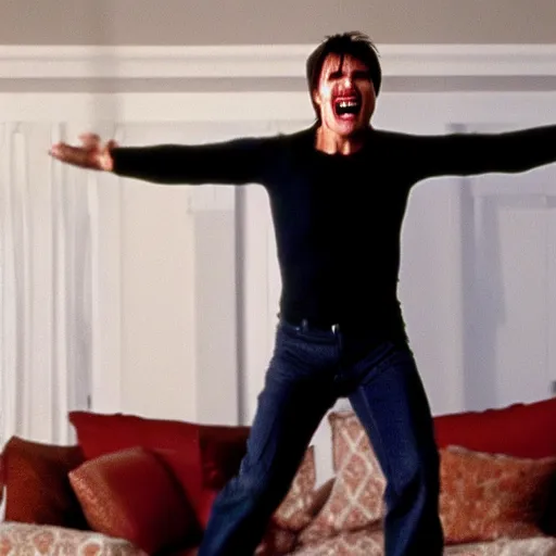 Prompt: tom cruise jumping on couch and screaming