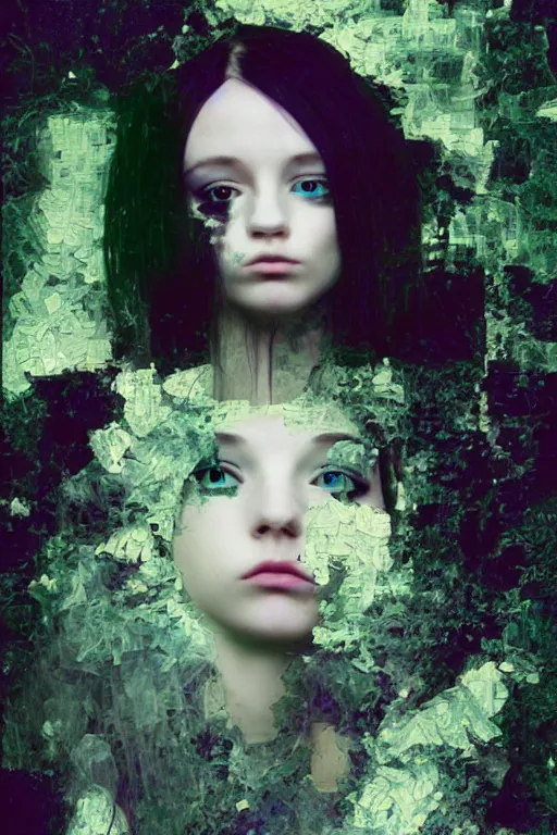 Image similar to random, glitch, picture portrait,(((((((((((((young woman's face))))))))))))), random,long black hair, glitch, pale skin, glitch, random digital render, super-detailed ,glitch, by Millais