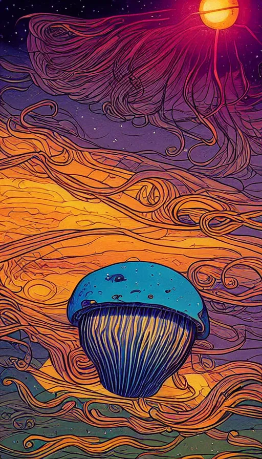 Image similar to The jellyfish of the sunset sky, italian futurism, Dan Mumford, da vinci, Josan Gonzalez